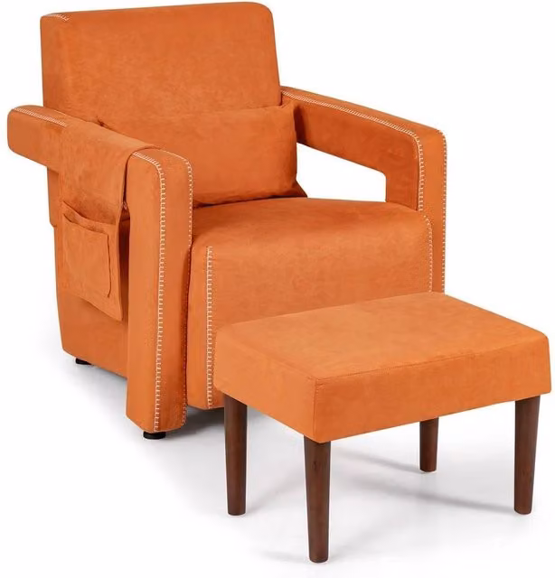 VOGREX Orange Microfibre Upholstered Armchair with Ottoman and Solid Wood Frame – 1