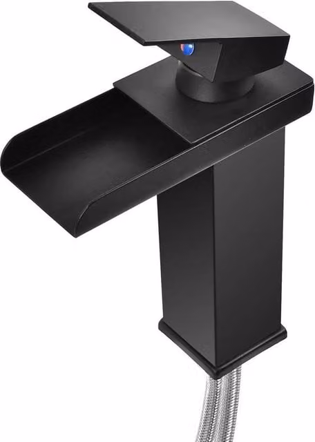 Kelvenix Matt Black Square Waterfall Cloakroom Basin Mixer Tap with Pop Up Waste