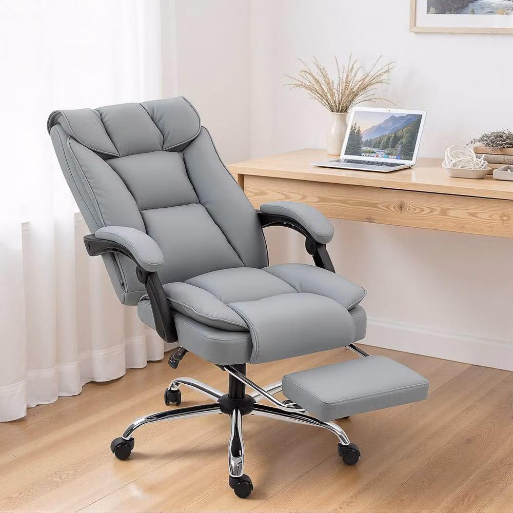 STILVORA Grey Faux Leather Swivel Office Task Chair with Footrest and Headrest – 2