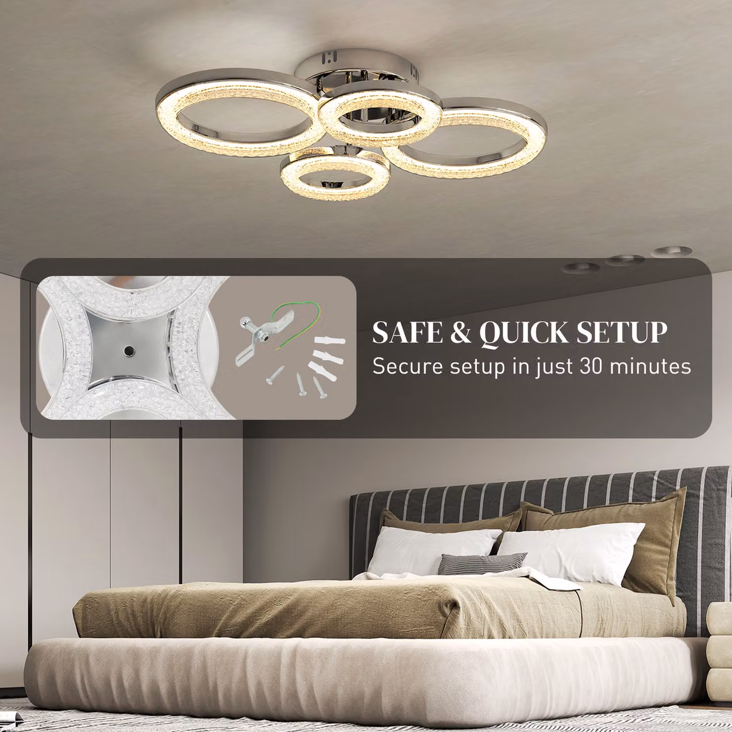 HOMCOM Modern 4 Ring LED Ceiling Light in Silver Tone, 40W 4350lm Flush Mount Lamp with Adjustable Colour Temperatures and Wall Switch Control – 3