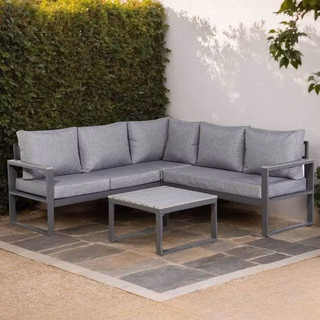 Furnishings For Less UK L Shaped Corner Sofa and Coffee Table Set, Grey Powder Coated Aluminium Garden Furniture – 1