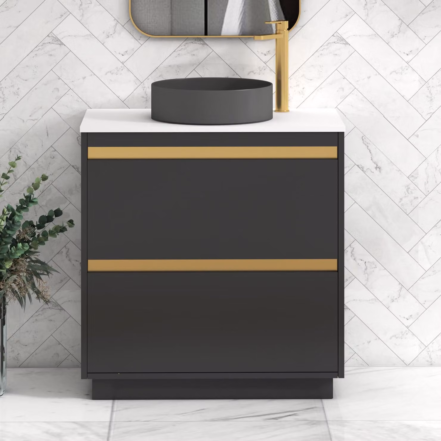Royal Bathrooms Orion 800mm Matt Obsidian Black Floor Standing Vanity Unit with 2 Drawers, White Countertop and Art Round Basin with Brushed Brass Accent Trim