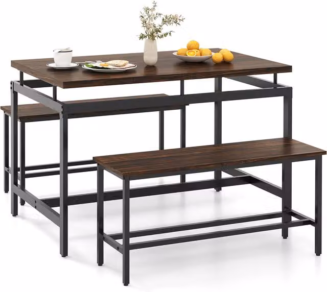 Costway 3 Piece Industrial Dining Room Furniture Set with Rectangular Table and Benches in Brown and Black