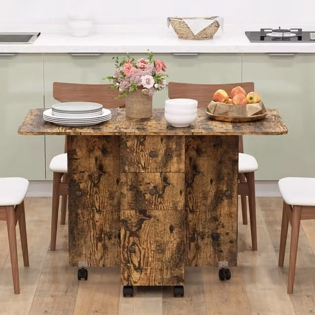 HOMCOM Folding Dining Table with Drop Leaf, Drawers, Cabinet and Open Shelf, Rustic Brown