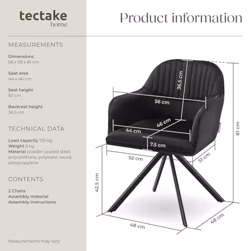 tectake Set of 2 Lona Armchairs in Black – 3
