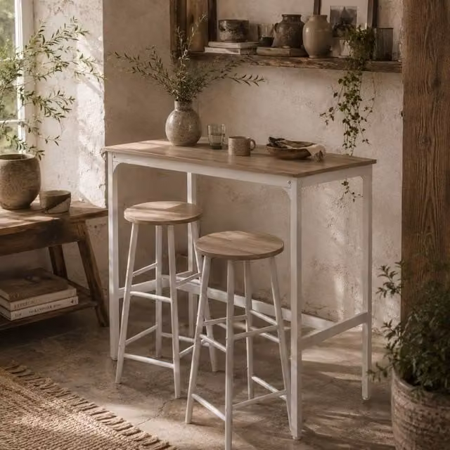 Wyld Haus Faro 3 Piece Industrial Bar Table and Stool Set with Oak Top in White