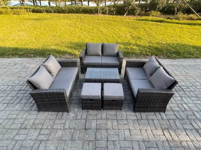 Fimous 6-Piece Rattan Garden Furniture Set with Double Sofa and 2 Footstools in Dark Grey