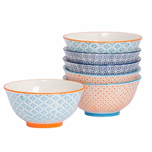Nicola Spring Hand-Printed Porcelain Cereal Bowls, Multicolour, Pack of 6, Diameter: 16 cm – 1
