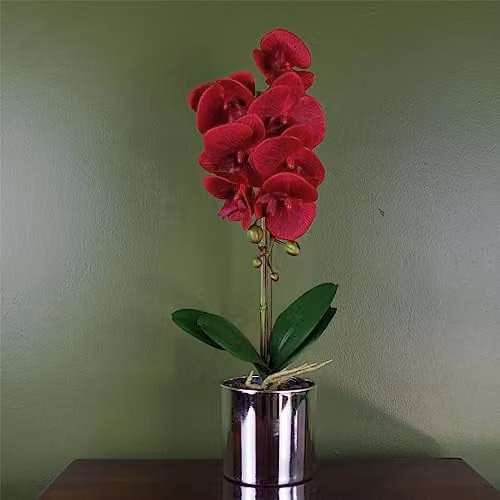Leaf Red Artificial Orchid in a Silver Pot, Height: 46 cm