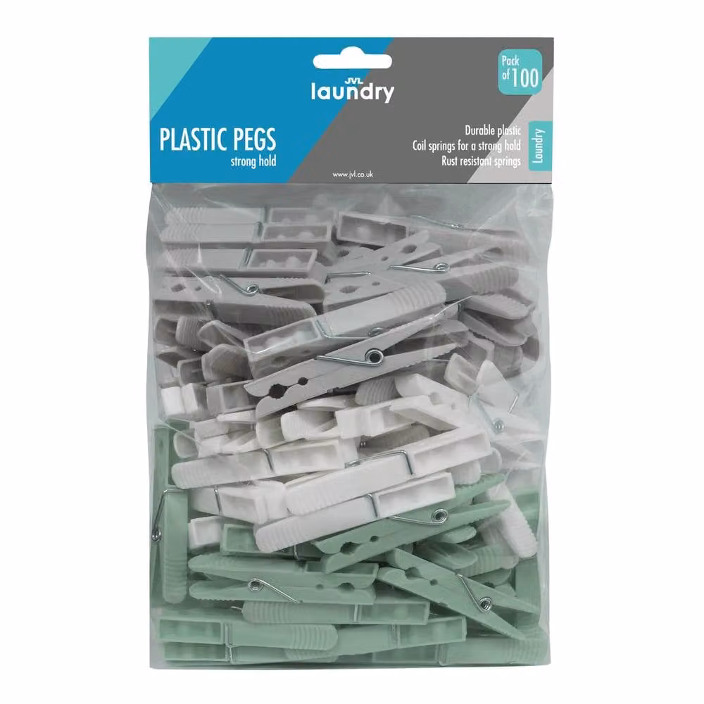 JVL Peg Basket with 100 Plastic Clothes Pegs in Assorted Grey, White and Green – 1