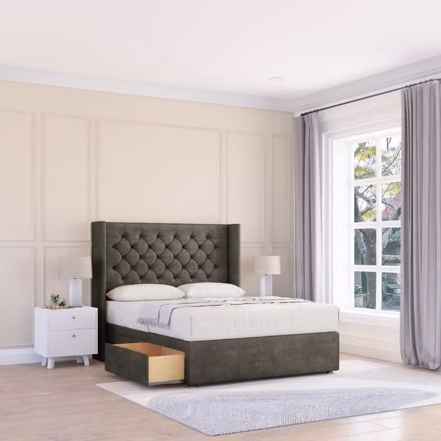 Sloomy Dior Dumfries Wingback Bed Set in Dark Grey Velvet with 2 Drawers and Floor Standing Headboard, W/D/H: 200 x 200 cm