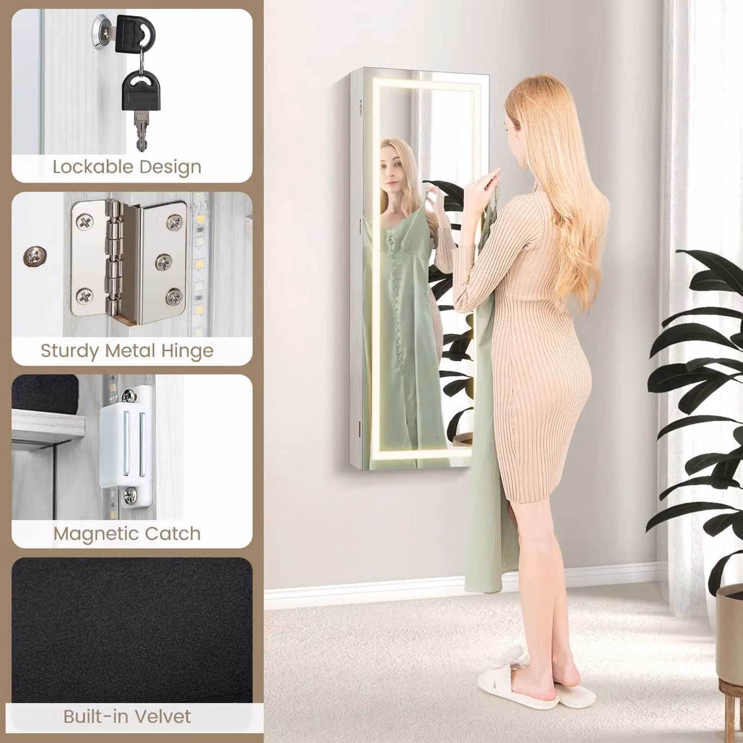 Gymax Lockable Jewellery Mirror Cabinet with 3-Colour LED Light, White, Height: 108 cm – 3