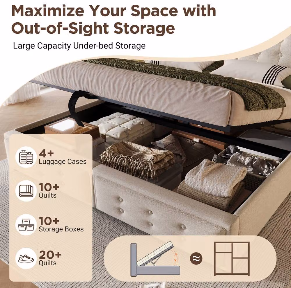 STILVORA Upholstered Bed Frame with LED, USB Charging Port and Bedside Shelf, Beige, W/D/H: 140 x 200 x 135 cm – 6