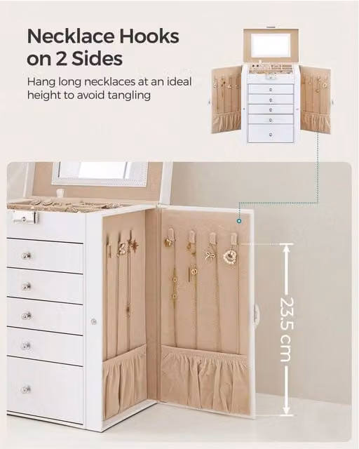 SONGMICS 6-Tier Jewellery Box with 5 Drawers, White