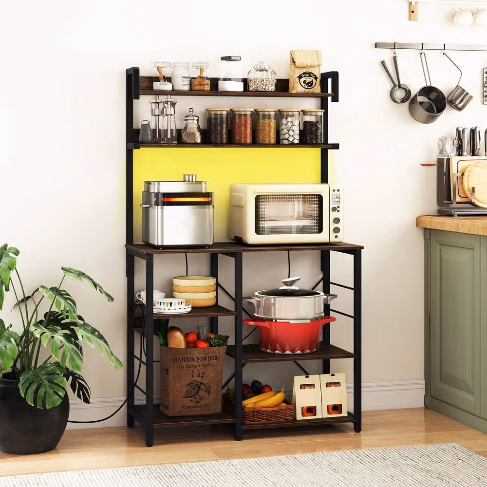 Gymax 5-Tier Brown Kitchen Bakers Rack with Microwave Stand and Power Outlet – 4