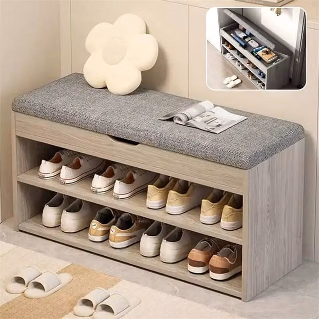 SPETLEK Shoe Bench Storage Rack Cabinet with Grey Fabric Cushion Seat – 1