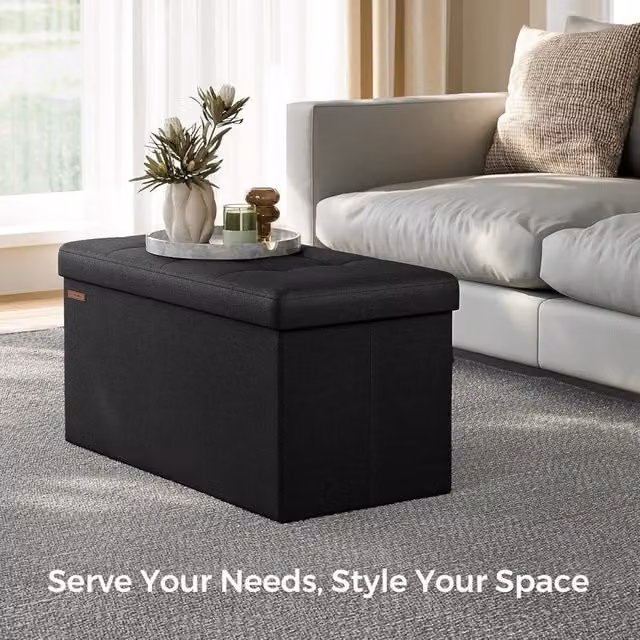 The Bazaarist Storage Ottoman Footstool in Black Linen-Look Fabric, 76 cm