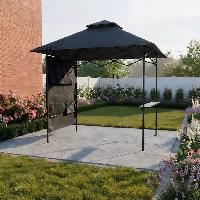 Home Source Verano Black Steel Folding Gazebo with Water Resistant Polyester Canopy in Black