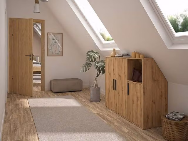 Vente-unique Modern Corner Under-Eaves Furniture in Natural Light Oak with 3 Doors and 1 Open Niche