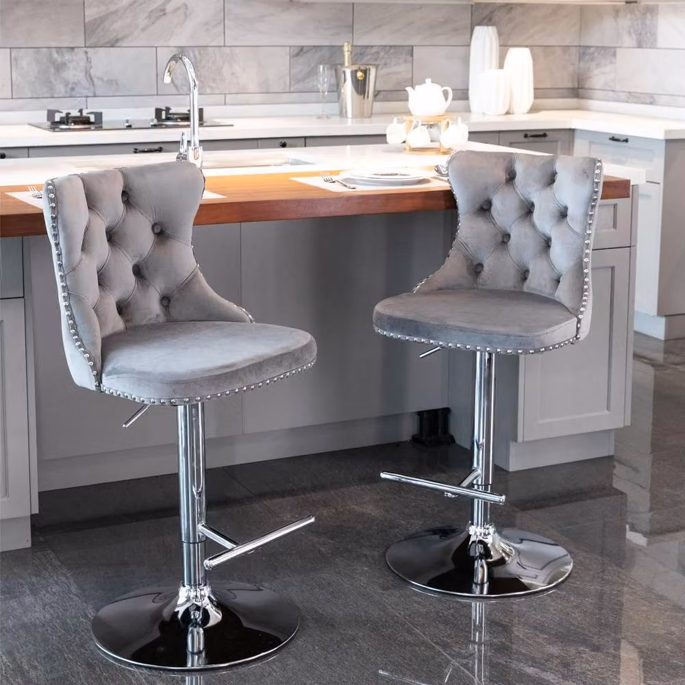 HomeTouch Vero Set of 6 Luxury Grey Velvet Bar Stools with 360 Degree Swivel and Adjustable Height – 2