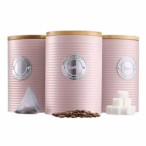 Cooks Professional 3 Piece Ribbed Stainless Steel Tea, Coffee and Sugar Canister Set with Airtight Bamboo Lids in Pink and Silver