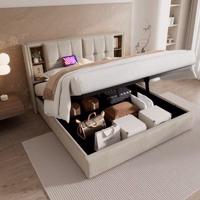 BTM Upholstered Hydraulic Storage Bed Frame with Wireless Charging and USB Port in Sand, Super King Size (W/D/H: 200 x 181 x 100.5 cm)