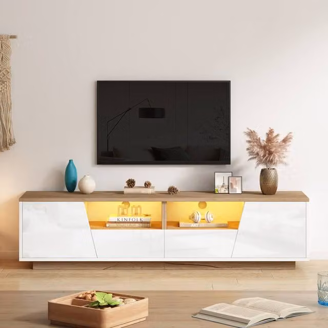 Merax Modern White and Oak LED TV Unit with Drawers, W/D/H: 180 x 40 x 43 cm – 1