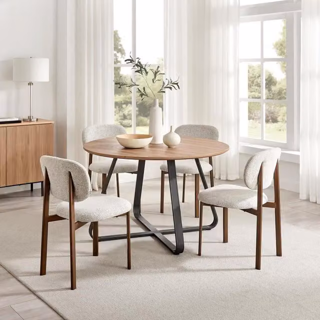 Furniturebox UK Santorini Round Wood Effect Dining Table and 4 Mirelle Chairs in Light Grey