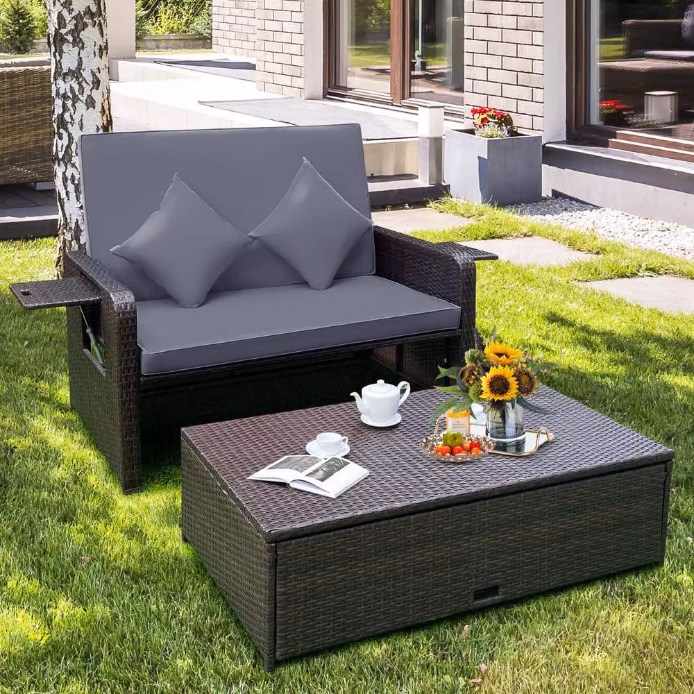 Costway Grey Polyrattan Patio Daybed Set with Loveseat Sofa, Ottoman and Side Tray – 3