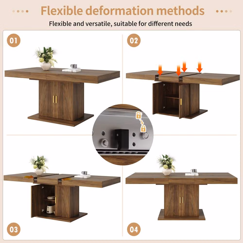 Merax Extending Dining Table with Fluted Storage Pedestal Base in Walnut – 3