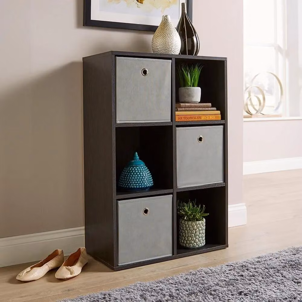 Home Source Wooden Storage Cube Shelves and Bookcase with Black Fabric Drawers