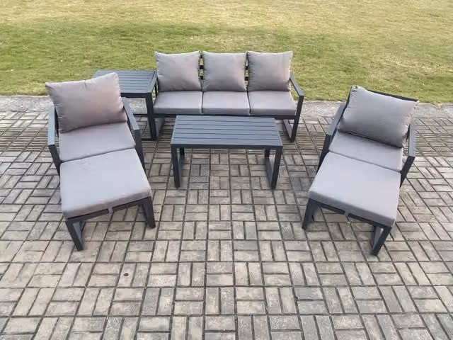 Fimous 7 Seater Powder Coated Aluminium Garden Furniture Set in Dark Grey with Cushions, 3 Seater Sofa, 2 Armchairs, 2 Ottomans and Side Table