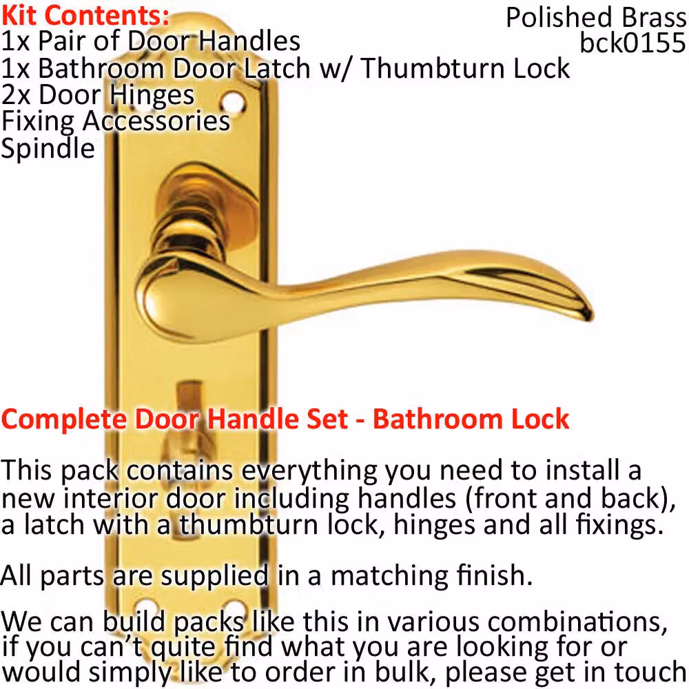 Loops Polished Brass Victorian Curved Thumbturn Door Handle and Bathroom Lock Pack – 2