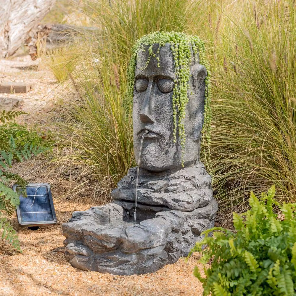 Primrose Easter Island Head Solar Powered Water Feature Planter with Lights, Brown, Height: 73 cm – 3