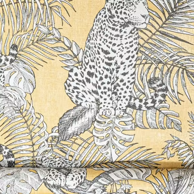 Muriva Mamboa Tropical Palm Leopard Ochre Yellow Exotic Jungle Linen Effect Wallpaper, Yellow