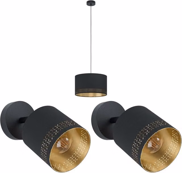 Loops Modern Black and Gold Metal Ceiling Pendant Light and Matching Wall Lights Set