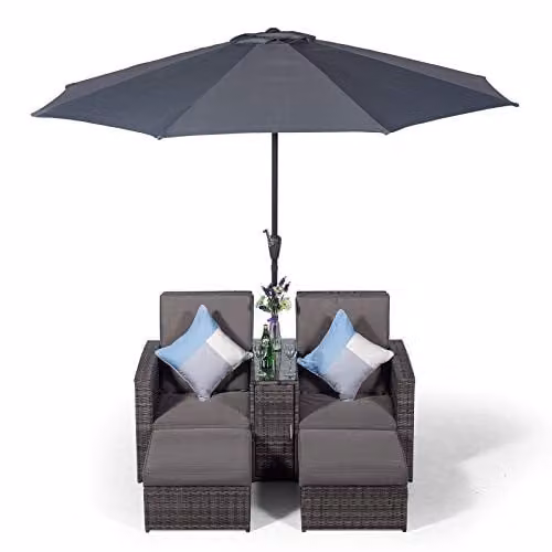Giardino Nevada Double Reclining Rattan Sun Lounger Set with Canopy and Side Tray in Grey and Brown – 1