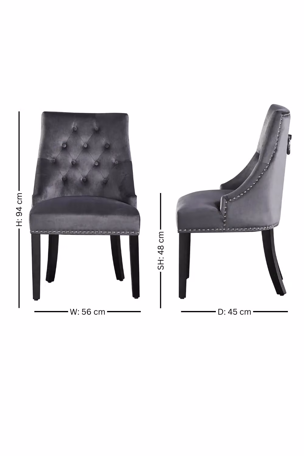 Life Interiors Windsor Velvet Upholstered Dining Chairs with Metal Ring and Wooden Legs, Dark Grey, Pack of 2 – 6