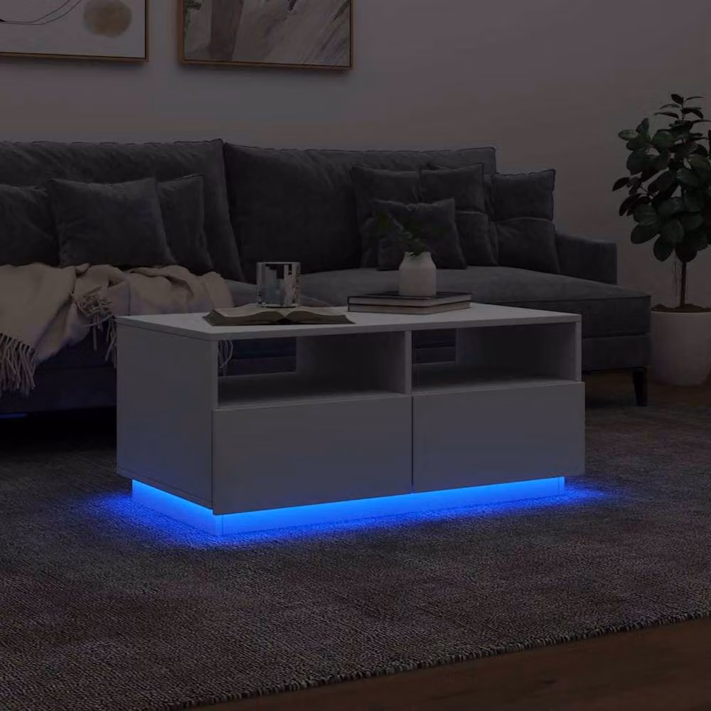Berkfield Home Modern White Glossy Coffee Table with LED Lights W: 90 cm, D: 49 cm, H: 40 cm – 3