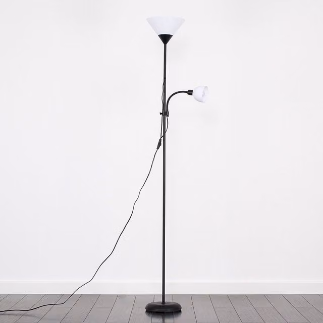 ValueLights Mozz Mother and Child Uplighter Floor Lamp with Side Lamp and LED Bulbs in Jet Black and Gold/Brass