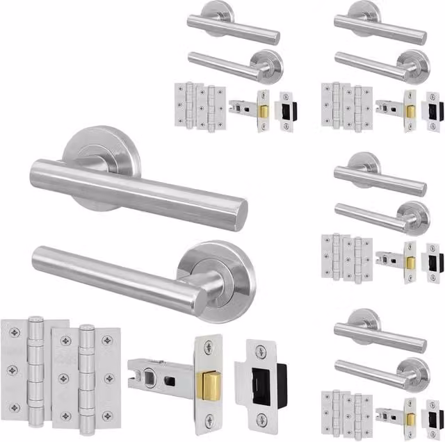 AFIT Satin Silver T-Bar Door Handles with Round Rose and Latch Hinges, 5 Pack, Size: 150 x 150 mm – 1