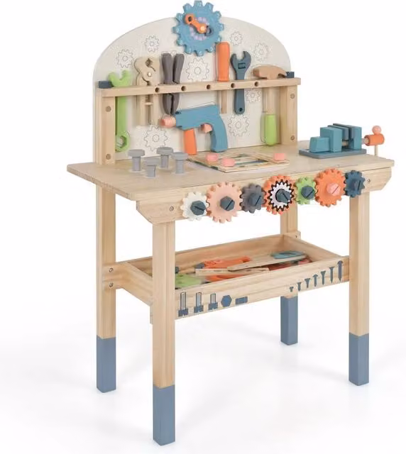 Costway Large Wooden Play Tool Workbench with Multicolour Tool Set