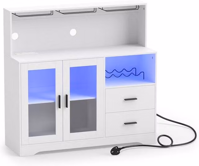 Costway Modern White Wine Bar Cabinet with Integrated LED Lighting and Charging Station