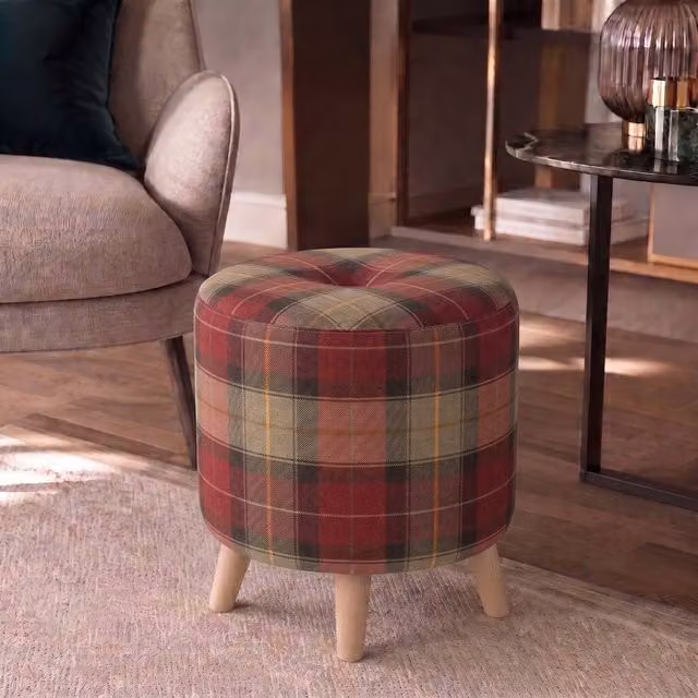 Nexus Mattresses Ltd Round Button Footstool in Red Tartan with Natural Angled Feet