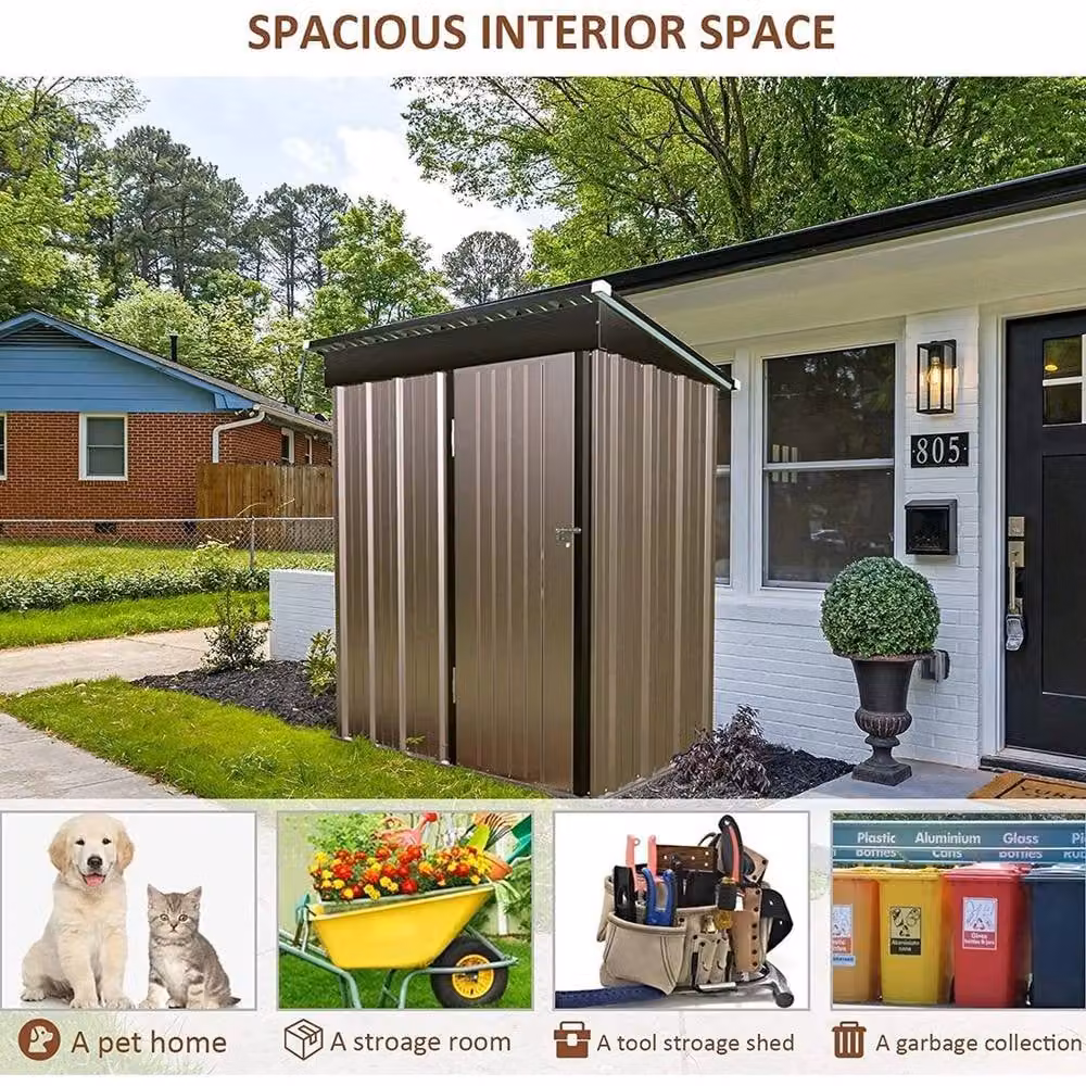 NESTLUNE Brown Metal Garden Storage Shed with Double Doors and Gable Roof – 3