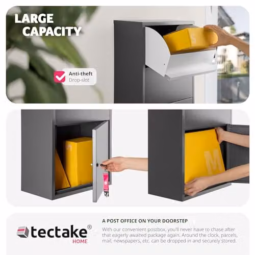 tectake Wall-Mounted Steel Parcel Box with Lockable Storage and Anti-Theft Deposit Slot, Grey, W/D/H: 44 x 22 x 82 cm – 5
