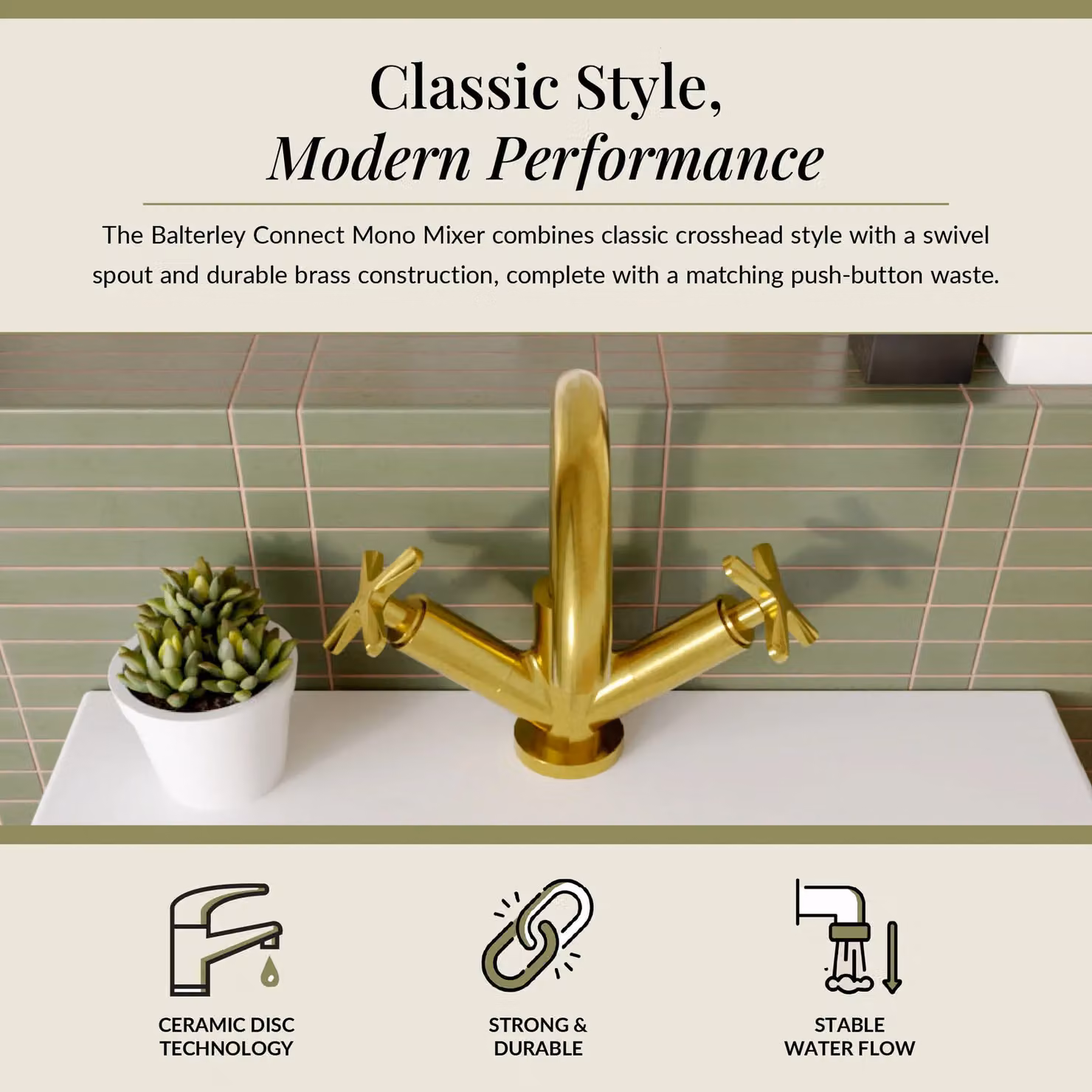Balterley Connect Mono Basin Mixer Tap with Push Button Waste in Brushed Brass – 2
