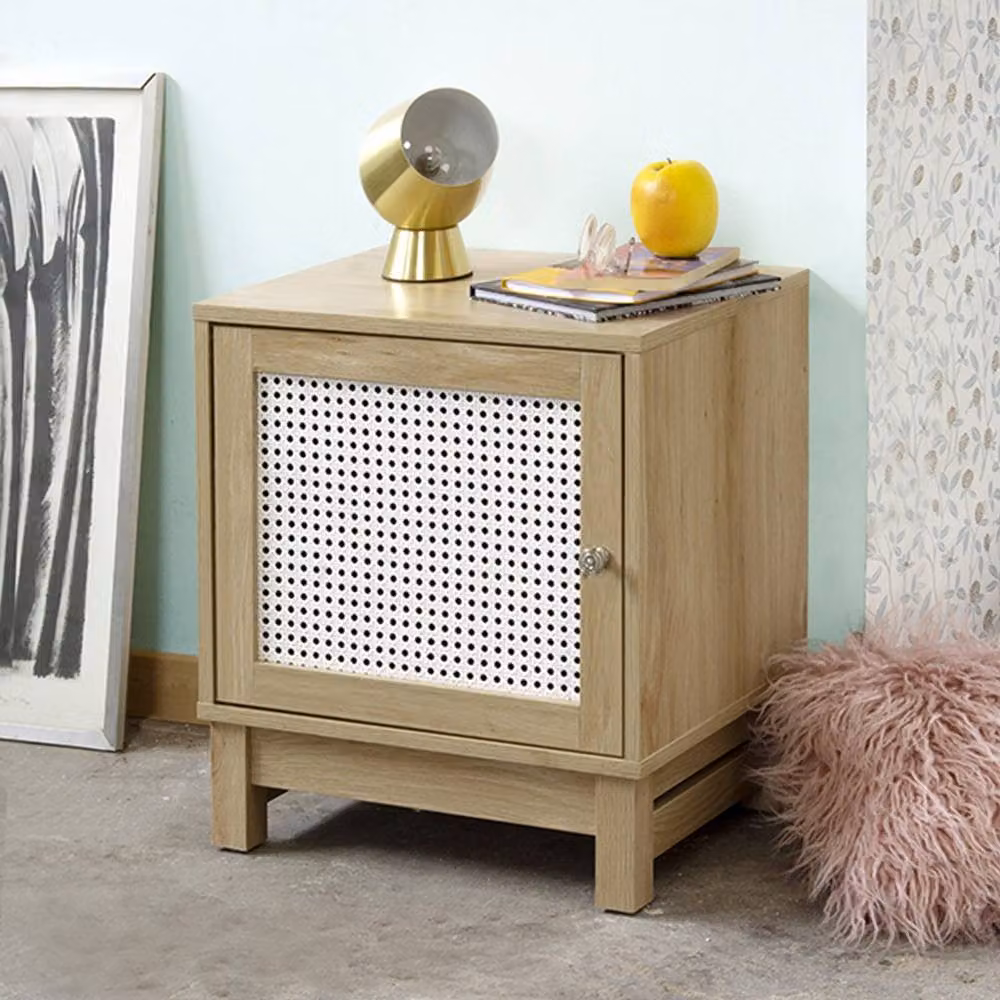 CALICOSY Modern Bedside Table with Rattan Front and 1 Door in Light Brown, W/D/H: 35 x 45 x 50 cm – 4