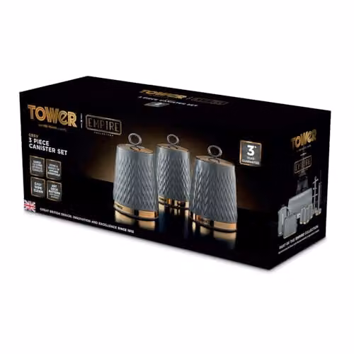 Tower Empire Set of 3 Geometric Ceramic Airtight Storage Canisters for Tea, Coffee and Sugar, Grey, Gold and Bronze, 1.3 l – 5