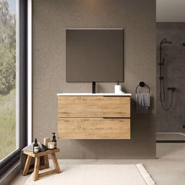 Banyetti Celtic 800mm Wall Hung Bathroom Vanity Unit with Athena Basin in Light Oak